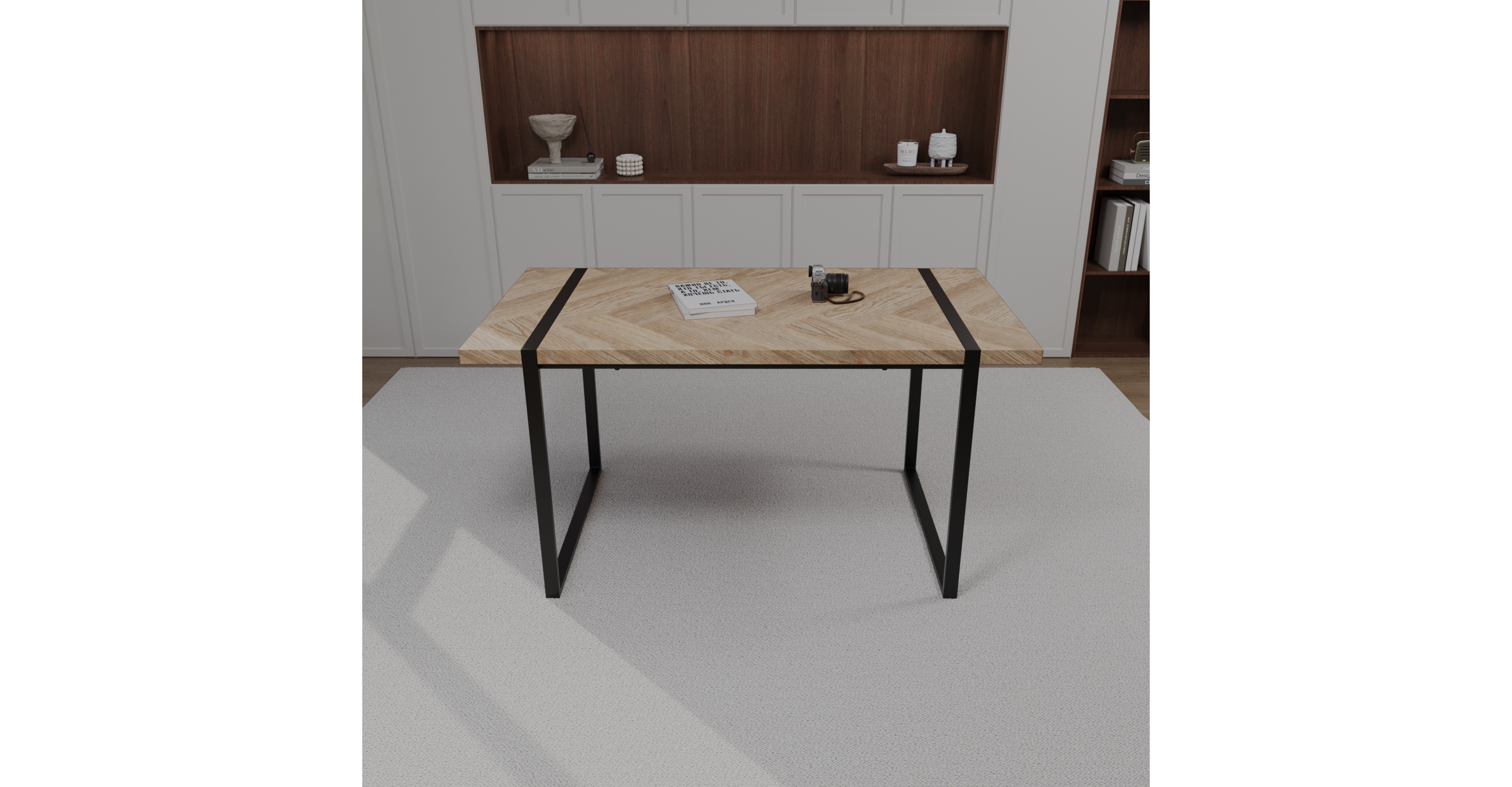 Streamdale Furniture 59" rural industrial rectangular Mdf light wood dining table, 4-6 people, 1.5" thick engineering wood tabletop and black rectangu