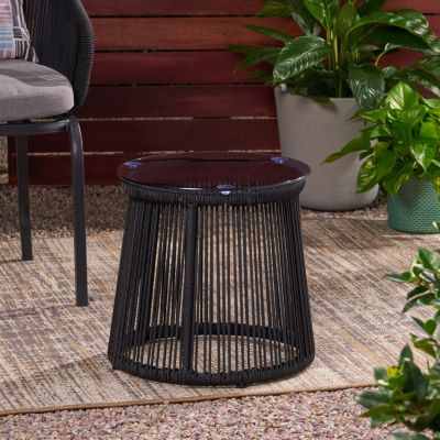 Streamdale Modern Moonstone Rope-Wrapped Side Table With Tempered Glass Top