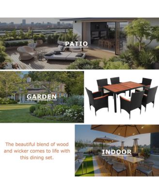 7-Piece Outdoor Patio Dining Set, Garden PE Rattan Wicker Dining Table and Chairs Set, Acacia Wood Tabletop, Stackable Armrest Chairs with Cushions, Reddish-brown