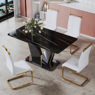 Table and chair set, Modern minimalist rectangular dining table, 0.4 inch thick, with a black imitation marble pattern glass desktop and black MDF legs. Comfortable PU seats, perfect for dinner, meet