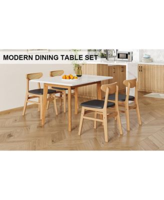 Table and chair set. White sintered stone tabletop, rubberwood legs, foldable computer desk, foldable desk. Solid wood dining chair with small curved backrest and PU cushions. ZD-1545 DX-2361