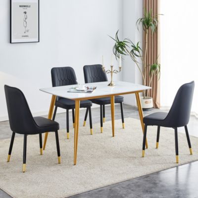 Table and chair set.A morden table with White imitation marble patterned stone burning tabletop with golden metal legs.Paired with 4 chairs with PU leather backrest and black metal legs.