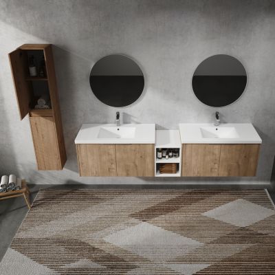 2-Pc Plywood 84" Wall-Mounted Bathroom Vanity with Resin Sink, Soft-Close Doors & Side Cabinet