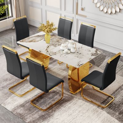 Simplie Fun Table and chair set, rock plate table top, gold metal table legs, stable and beautiful, suitable for most home styles. Modern simple dining table, comfortable seating