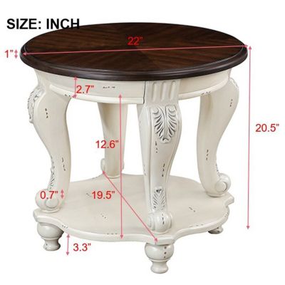 Two Tone Round End Table, Shelf, Beige/Espresso