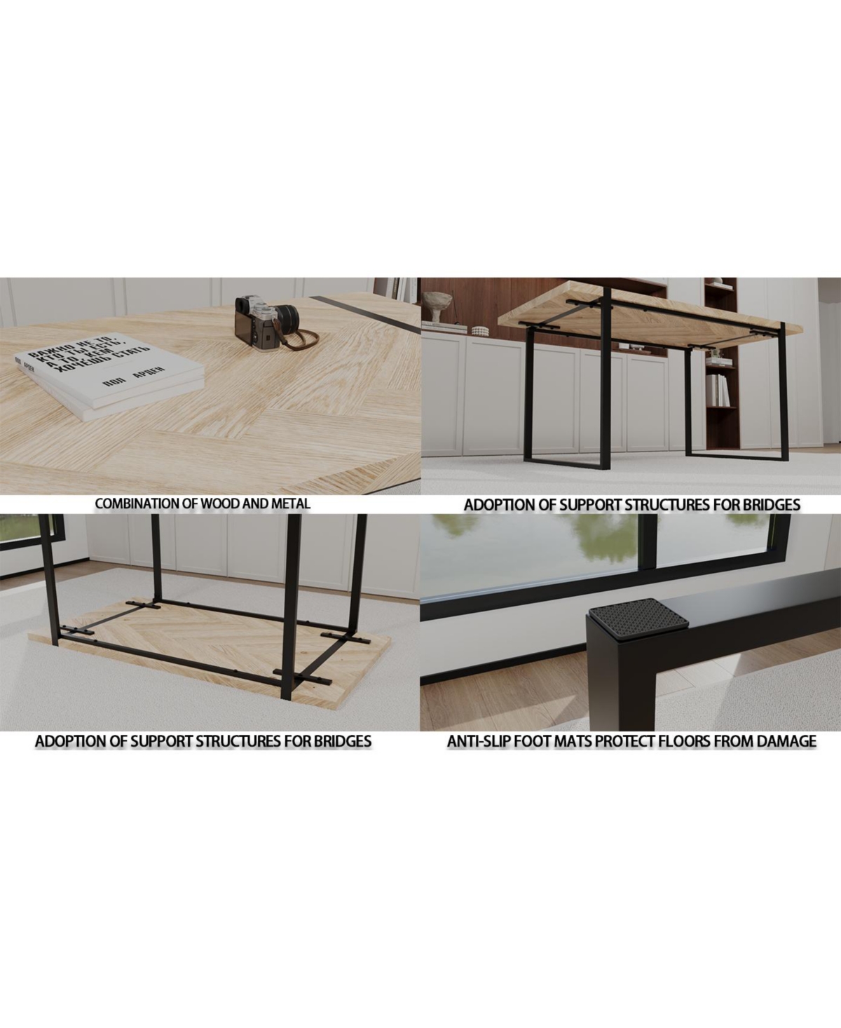 Streamdale Furniture 59" Rural Industrial Rectangular Mdf Light Wood Dining Table Set and Pu Armless Dining Chair Set, 4-piece. Kitchen Black Metal Ta