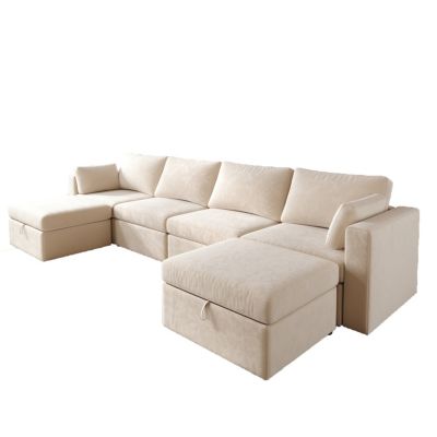 Modern Velvet Modular Sectional Sofa, U Shape Convertible Sofa Set with Pillows, Oversized Sectional Couches with Storage Ottomans for Living Room, Loft, Apartment, Office - White 6 seats