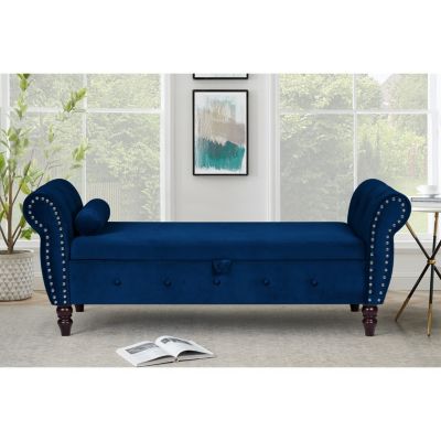 63-inch Storage Bench, modern velvet Ottoman, large capacity storage bench with armrest, suitable for living room, bedroom (H dark blue)
