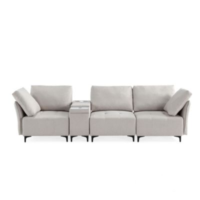 Modular Sectional Sofa, Multifunctional Couches for Living Room with Storage, mid console with speaker and storage,2 USB port and 1 type-C, wireless charging ceramic top, aluminum cup holder.