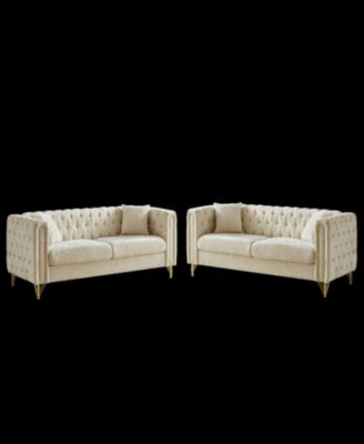 Chenille Pull Buckle Design Sofa for Living Room, Buttons Tufted With Copper Nail Decoration Armrest, Modern Couch Upholstered Button And Metal Legs