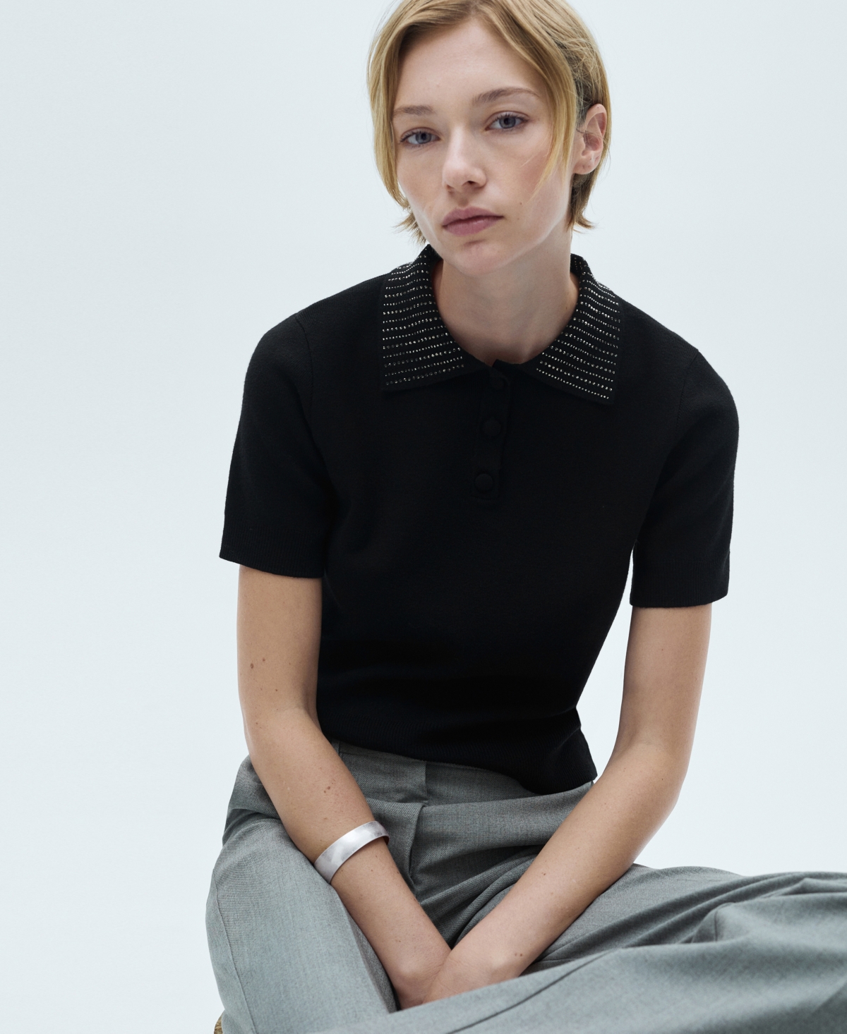 Mango Women's Rhinestone Collar Knitted Polo Shirt