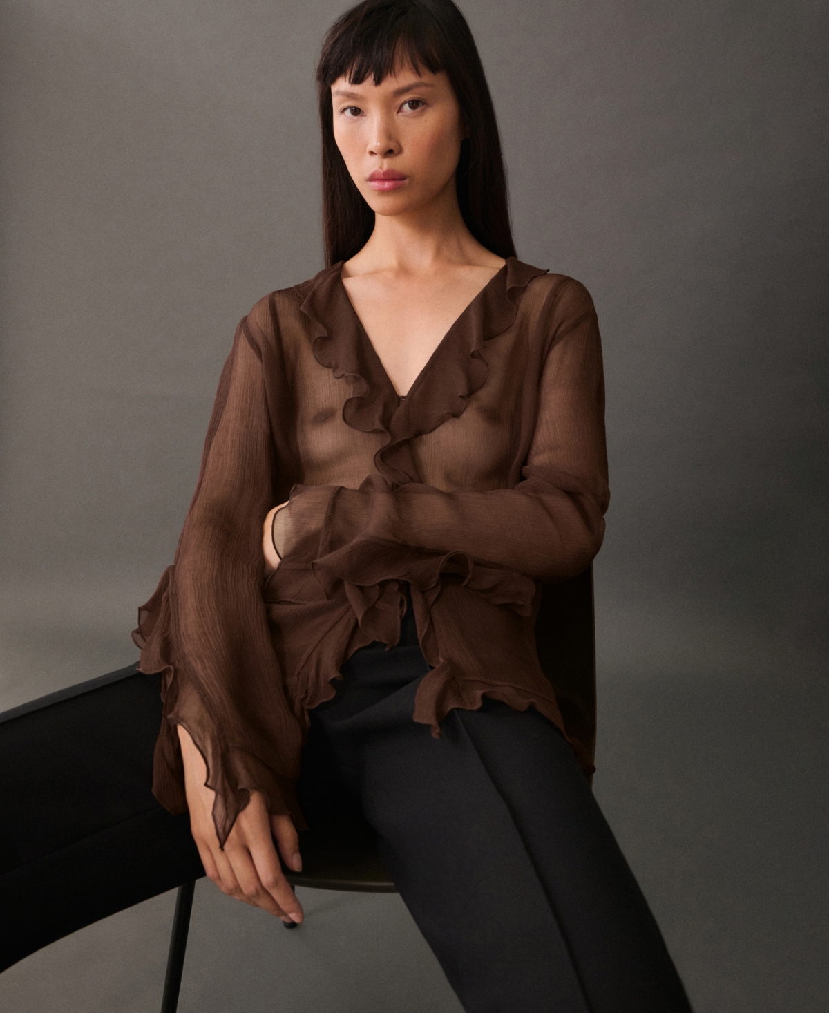 Mango Women's Sheer Ruffled Blouse