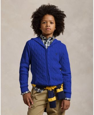 Big Boys Cable Cotton Hooded Full Zip Sweater