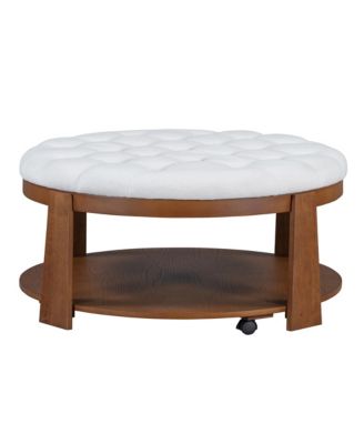 Modern Large Round Ottoman Coffee Table 2-Tier Oversized Button Tufted Ottoman with Wood Shelf Storage Upholstered Coffee Table for Living Room Footrest Ottoman with wheel, waterproof Linen