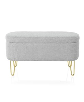 Oval Storage Bench for Living Room Bedroom End of Bed, Upholstered Storage Ottoman Entryway Bench With Metal Legs, Grey