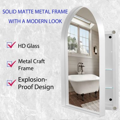  Arched Mirror Cabinet with Shelves, 24x36in, White