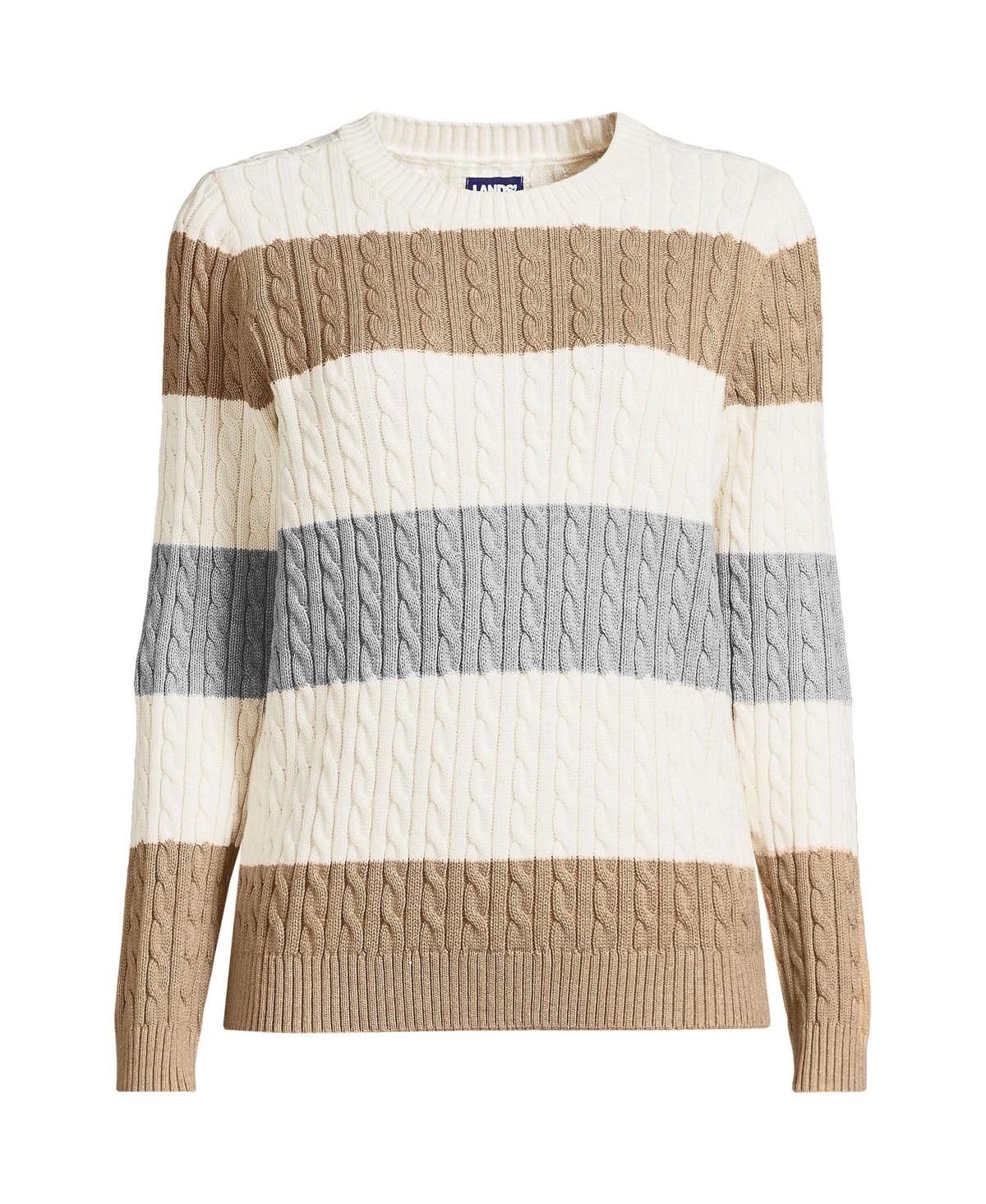 Lands' End Women's Drifter Cable Crew Neck Sweater -gray wide stripe