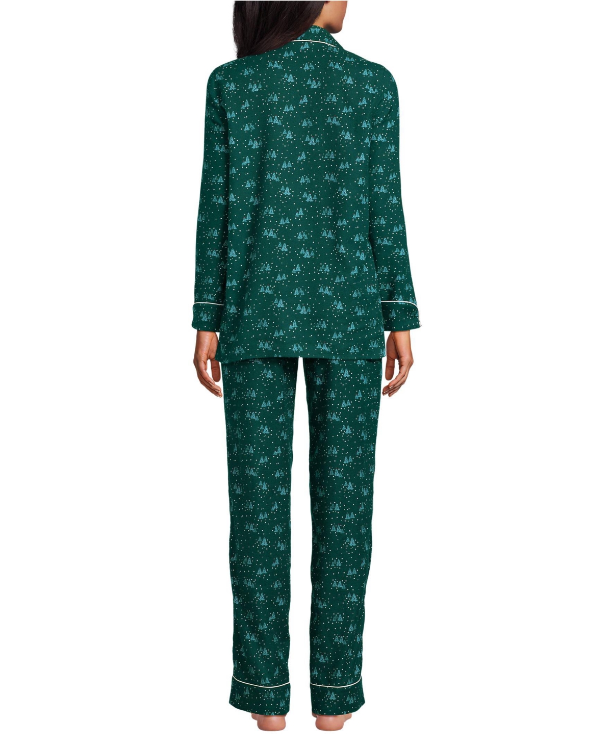 Lands' End Women's Drapey Flannel 4 Piece Pajama Set - Long Sleeve Top and Pants Robe Bag