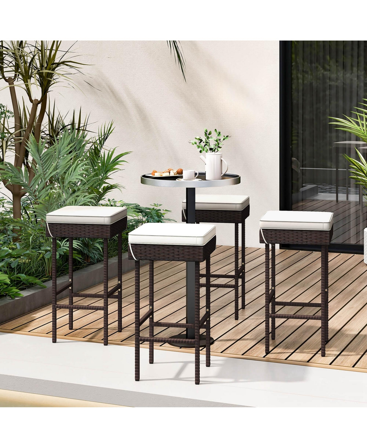 Costway Patio Rattan Barstools Set of 4 Outdoor Wicker Bar Height Chairs with Footrest