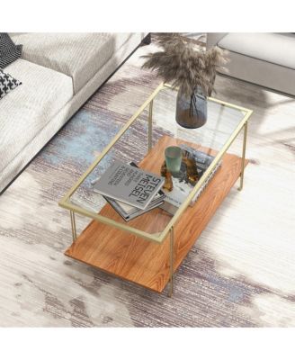 Coffee Table Rectangle Glass Top w/ Storage Shelf & Gold Steel Frame Living Room