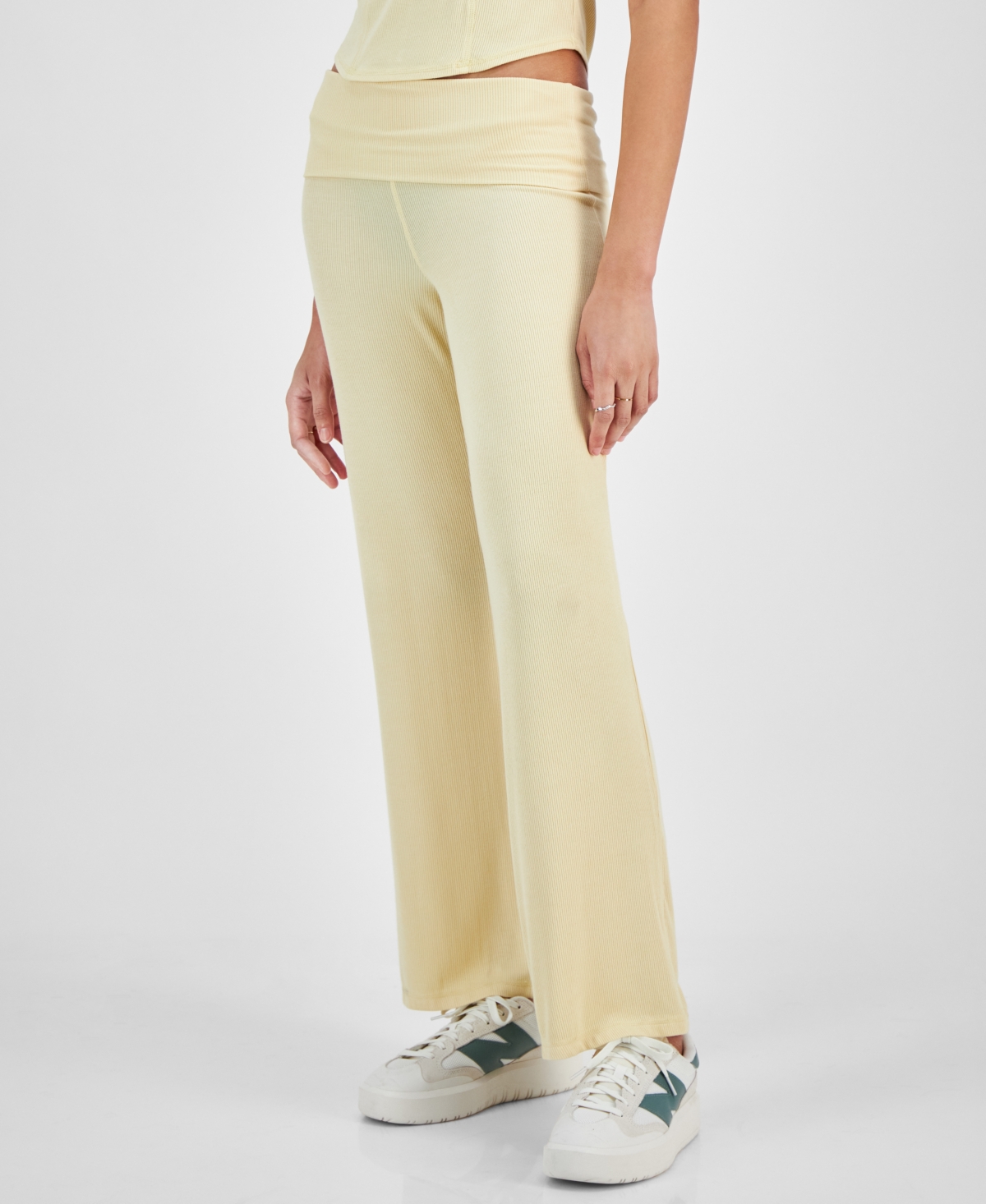 Juniors' High Rise Foldover-Waist Ribbed Knit Pants - Banana Crepe