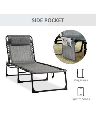 Reclining Chaise Lounge Chair, Portable Sun Lounger, Folding Camping Cot, with Adjustable Backrest and Removable Pillow, for Patio, Garden, Beach, Grey