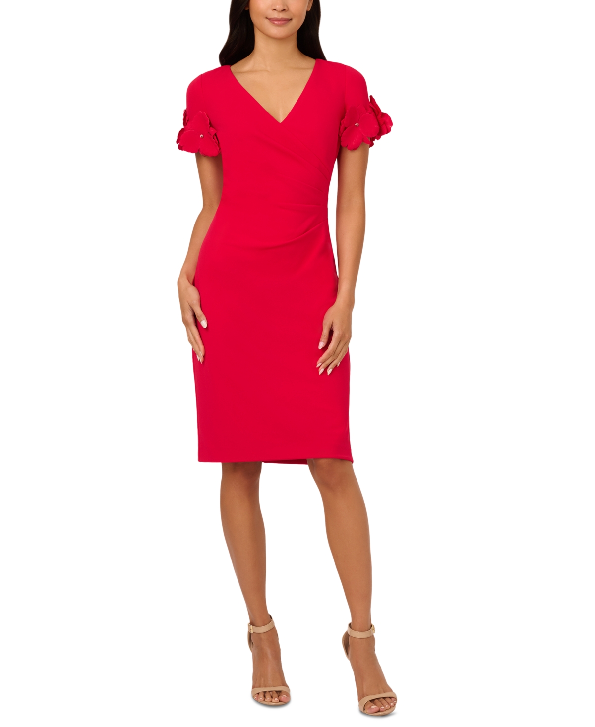ADRIANNA PAPELL WOMEN'S PETAL-SLEEVE FAUX-WRAP CREPE SHEATH DRESS 
