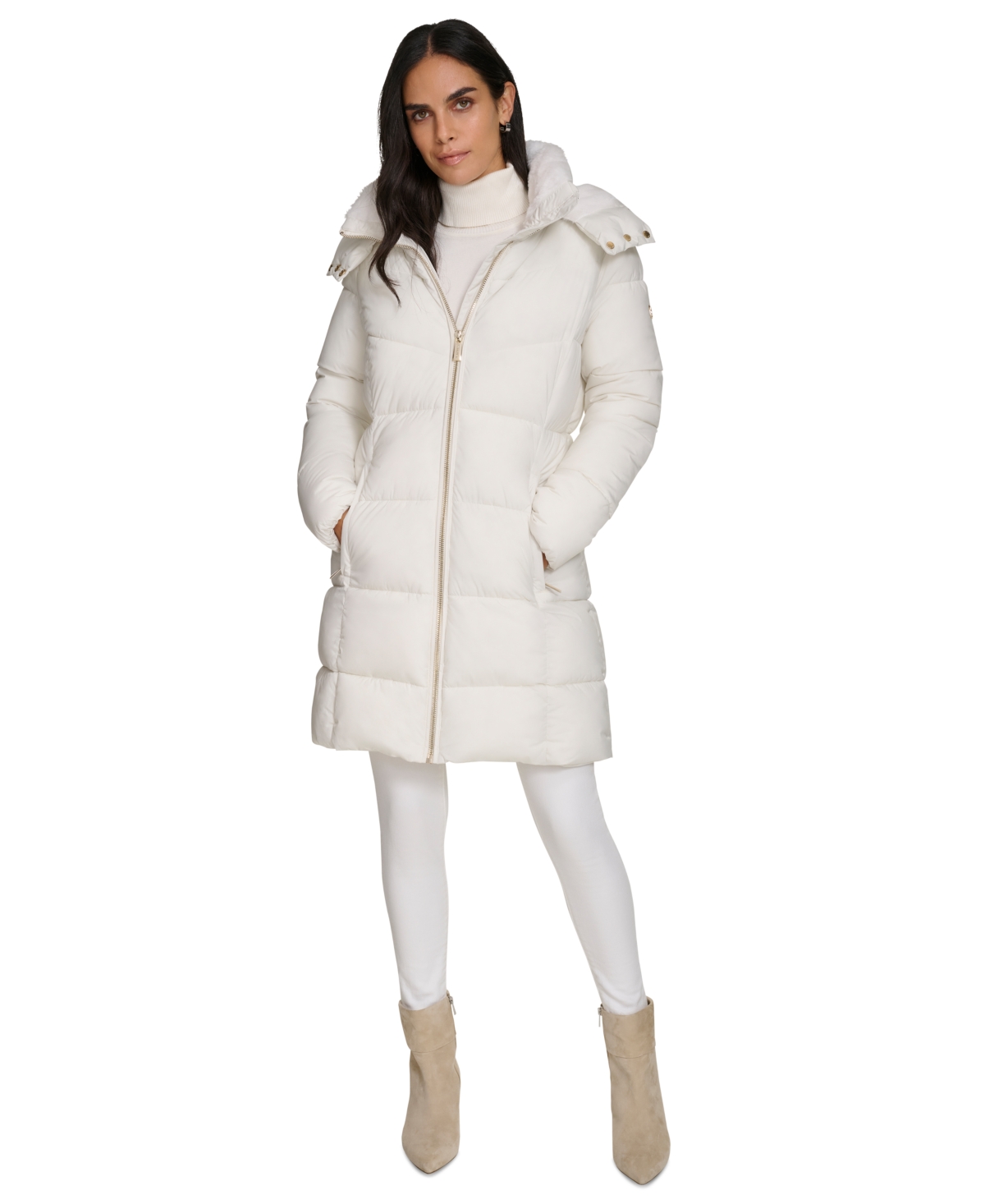 Calvin Klein Faux Shearling Lined Down Puffer Jacket In Eggshell
