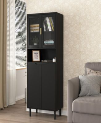 Tall Storage Show Cabinet with 2 Glass Display Door & 2 Doors, Tall Kitchen Pantry Cabinet with Gold Handles, Modern Cabinet Freestanding for Bathroom, Dining Living Room, Black