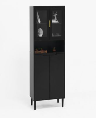 Tall Storage Show Cabinet with 2 Glass Display Door & 2 Doors, Tall Kitchen Pantry Cabinet with Gold Handles, Modern Cabinet Freestanding for Bathroom, Dining Living Room, Black