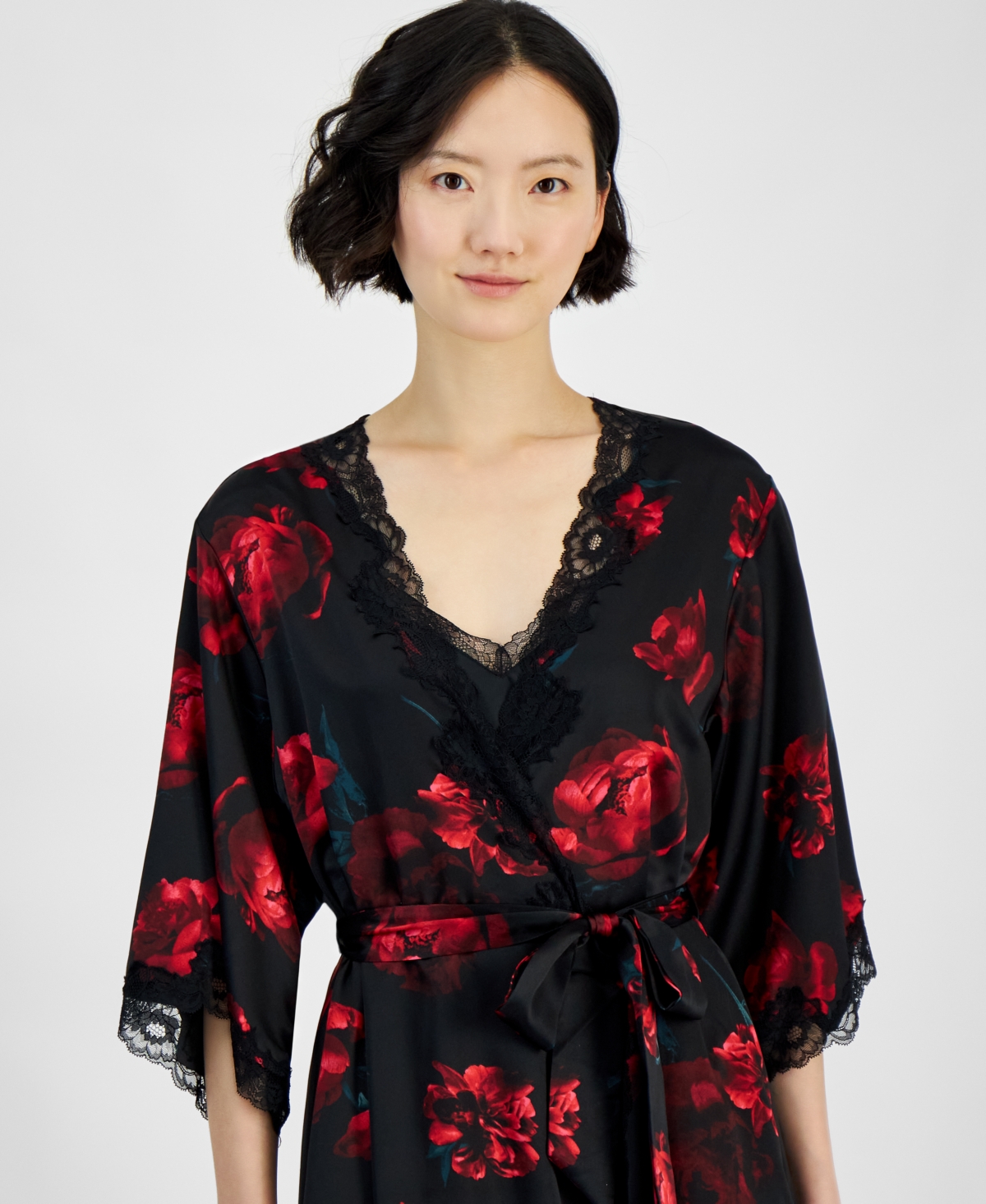 I.n.c. International Concepts Women's Lace-Trim SatRobe, Created for Macy's - Peony