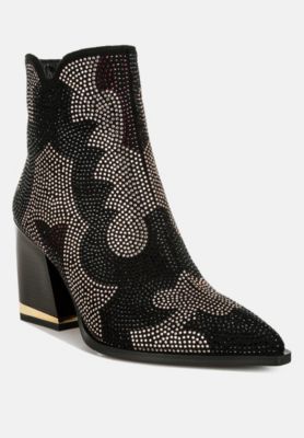 Womens Zarka Rhinestones Embellished Block Heel Boots