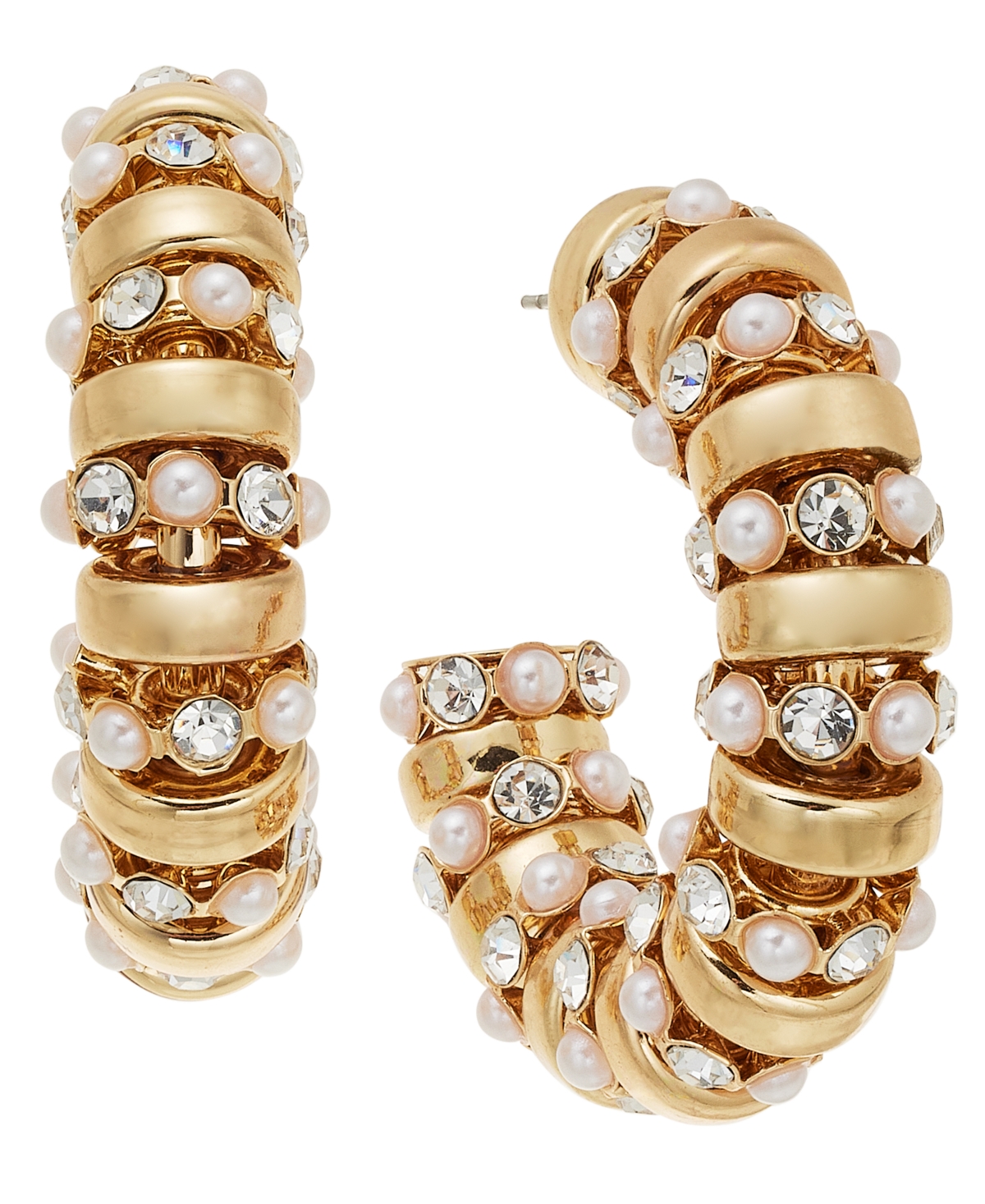 Inc International Concepts Gold-tone Medium Pave & Imitation Pearl C-hoop Earrings, 1.9", Created For Macy's In Gold