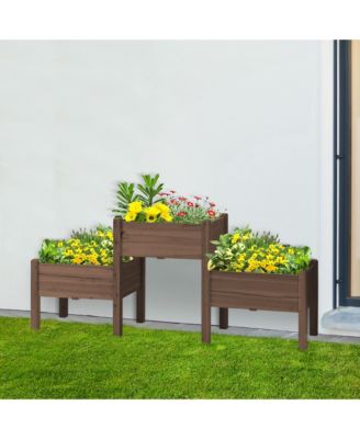 Raised Garden Bed with 3 Planter Box, Elevated Wooden Plant Stand with Drainage Holes, for Vegetables, Herb and Flowers, Coffee