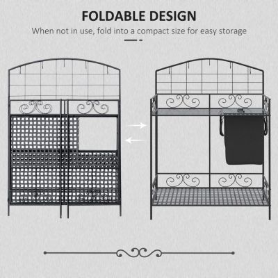 Folding Potting Bench Table, Metal Garden Workstation, Work Bench with Large Build-In Bag with Cover, 5 Hanging Hooks & Storage Shelf, Flourishes