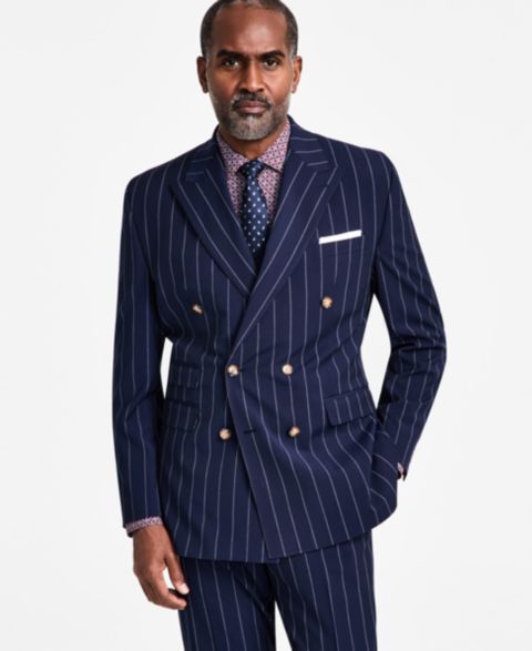 Мужской пиджак Tayion Collection Pinstriped Double-Breasted Suit, цвет: Синий