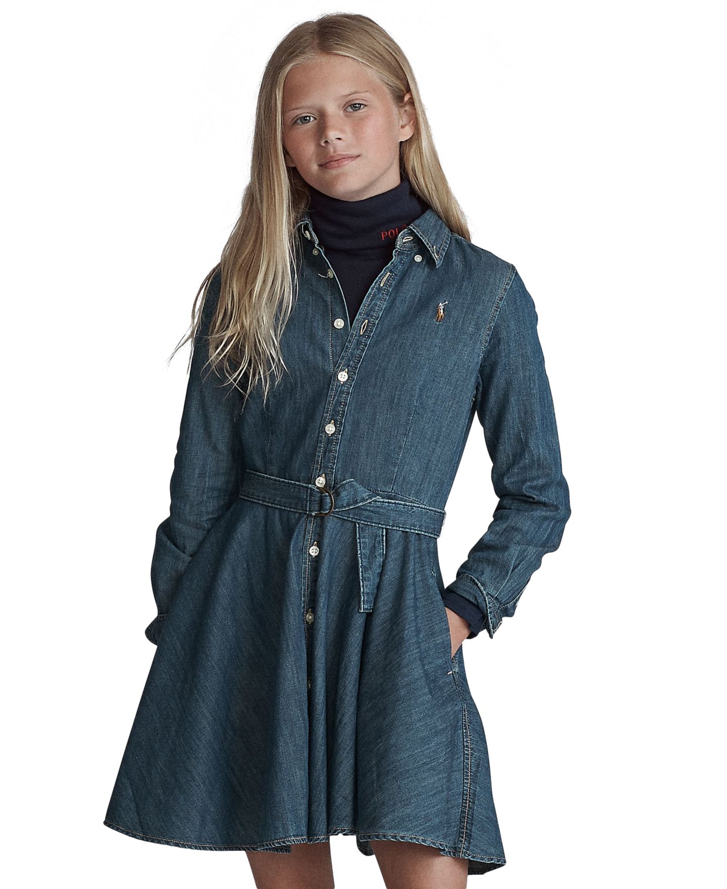 Платье Polo Ralph Lauren Belted Denim Cotton Shirtdress для девочек, цвет: Индиго — фото 3