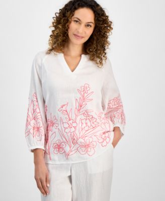 Charter Club - Petite Embroidered Linen 3/4-Sleeve Top
