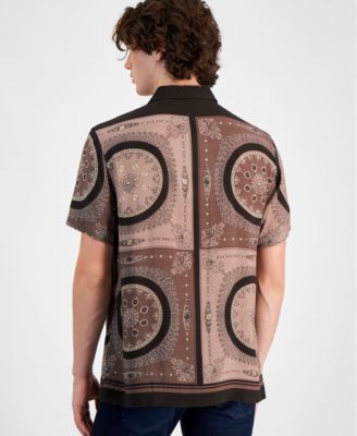 GUESS Men's Short Sleeve Button Front Medallion Print Shirt