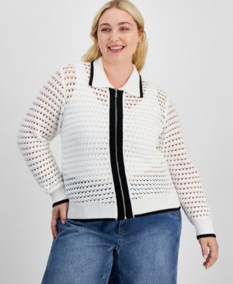 And Now This - Trendy Plus Size Open-Stitch Zip-Front Cardigan