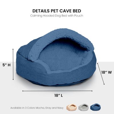 Pet Cave Bed, Calming Hooded Dog Bed with Pouch for Small Dogs and Cats, Herringbone Canvas Fleece Deep Dish