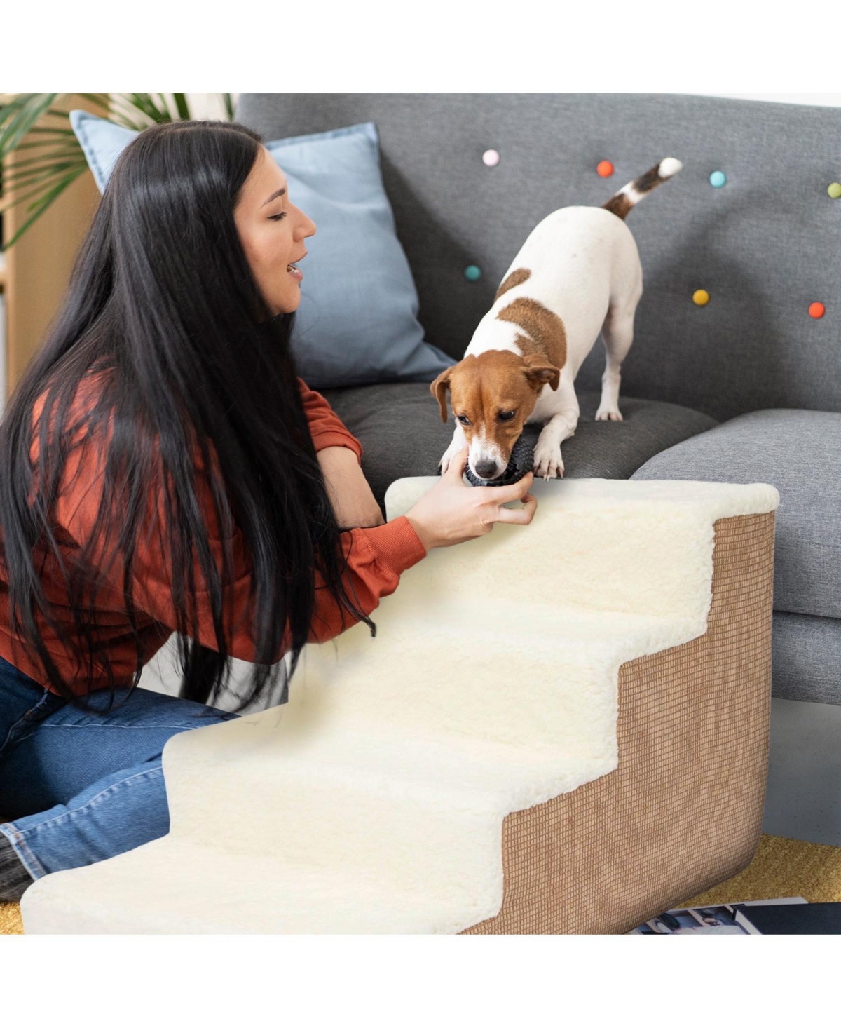 Home Base 4-Step Dog Stairs, Pet Steps for Dogs and Cats, Ramp for High Bed and Couch, Non-Slip, High Density Foam Sherpa Top