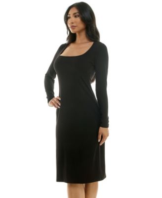 Women's Long Sleeve Square Neck Rib Midi Dress