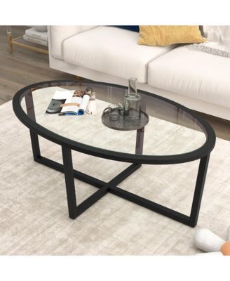 Modern Glass Coffee Table w/ Cross Base & Acacia Wood Legs for Small Spaces