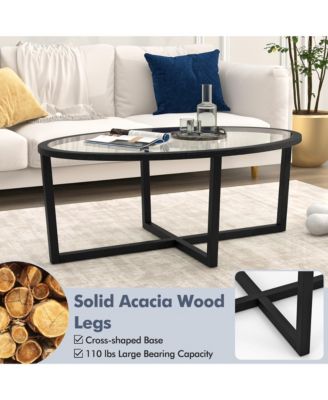 Modern Glass Coffee Table w/ Cross Base & Acacia Wood Legs for Small Spaces