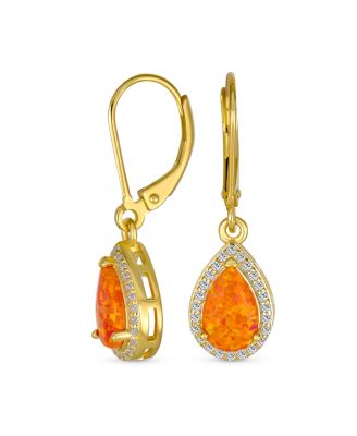 CZ Halo Solitaire Orange Opal Teardrop Pendant & Earrings Jewelry Set