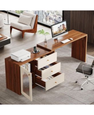 L Shaped Computer Desk with Drawers, Modern Corner Home Office Desk with Reversible Storage Cabinet, Long Study Writing Desk Workstation