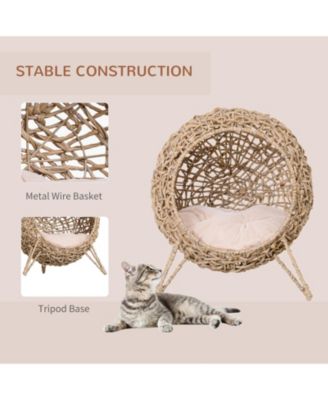 20.5" Weaved Cat Bed, Elevated Hand-woven Braided Banana Leaf Kitten House Condo with Cushion, Beige