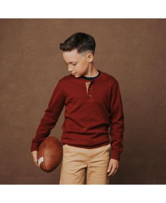 Boys Organic Long Sleeve Henley Pullover Sweater with Elbow Patches