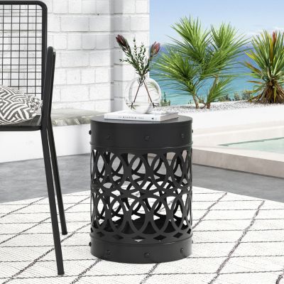 Modern Cylindrical Metal End Table With Iron-Cut Design
